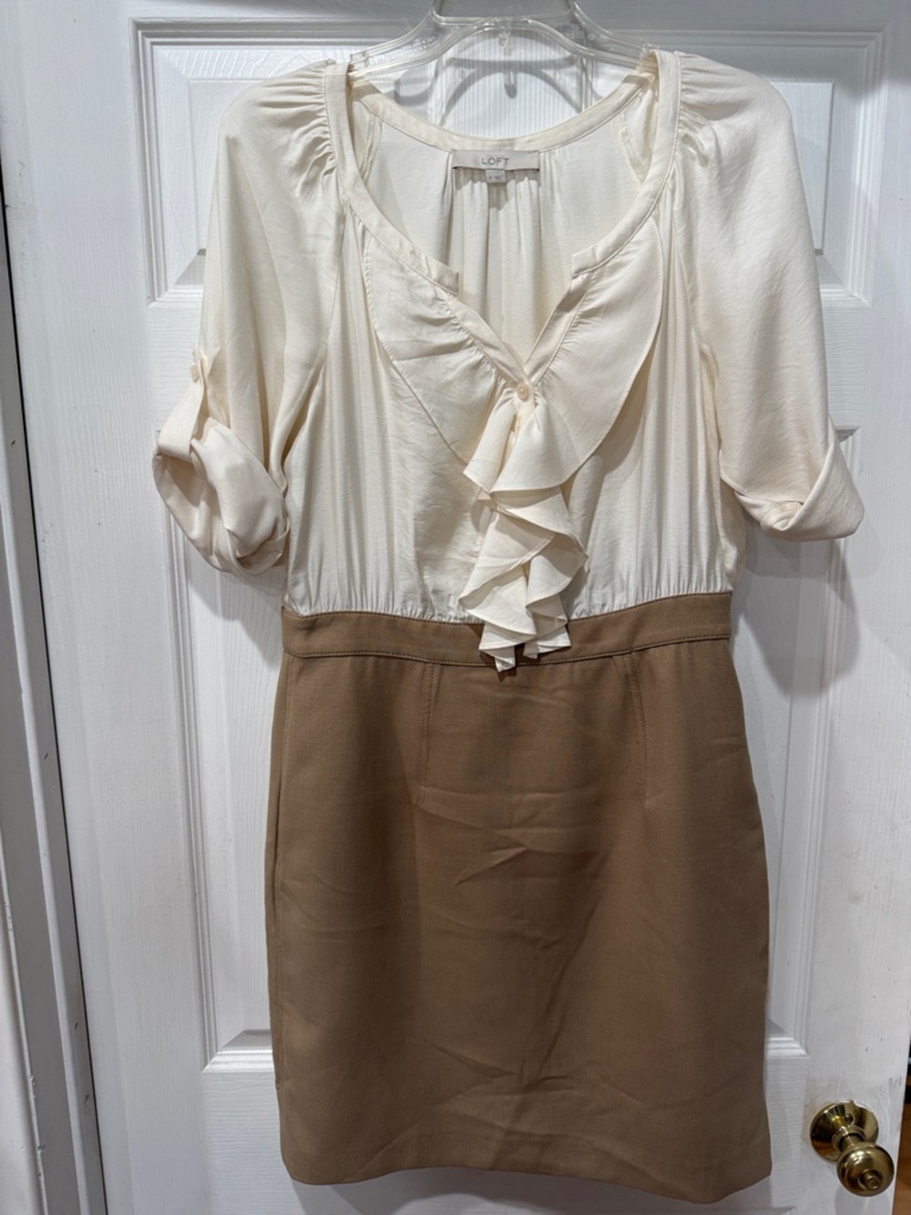 LOFT Cream and Tan Ruffle Front Ponte Dress
